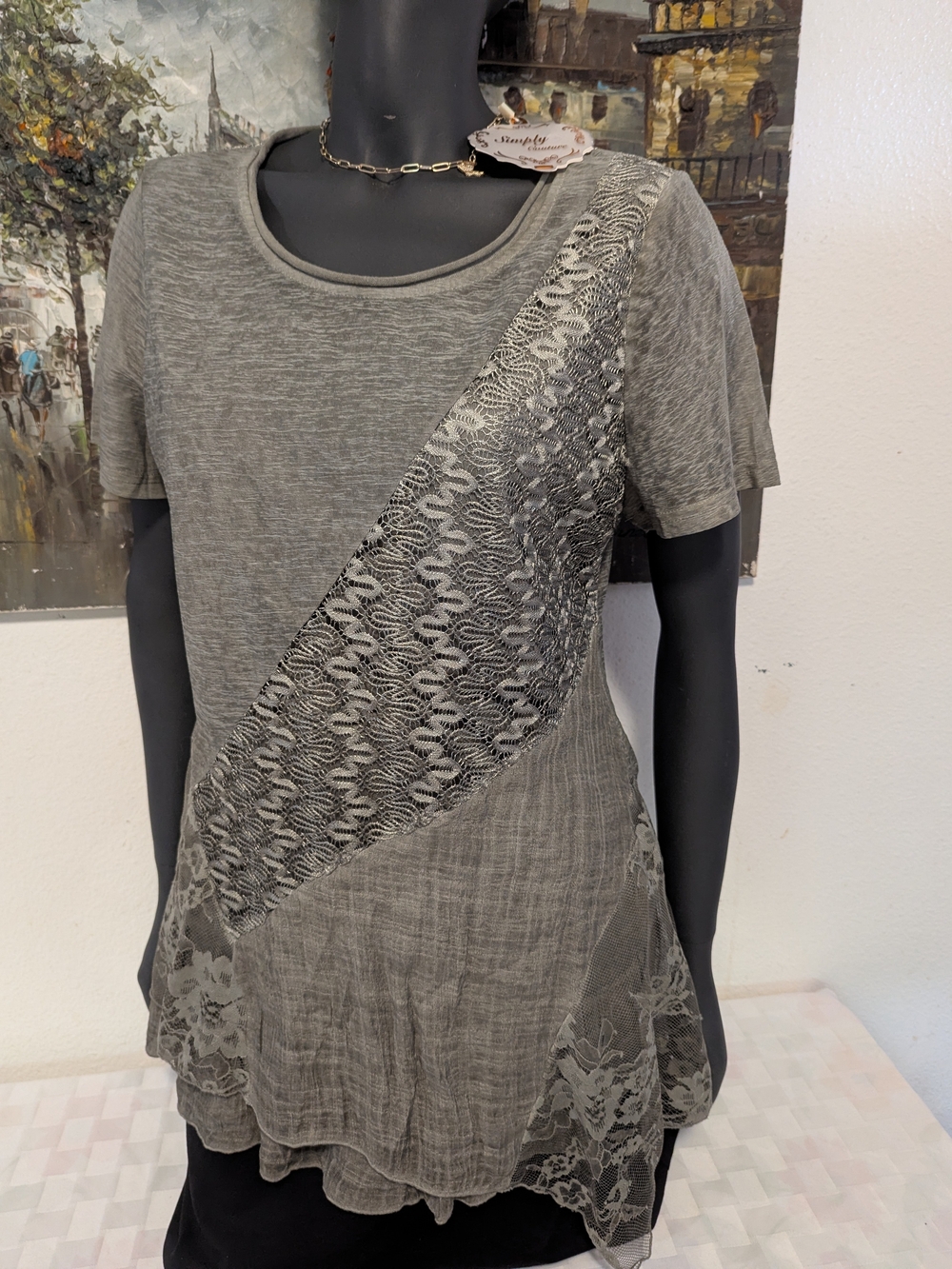 Simply Couture Gray Lace Diagonal Panel Short Sleeve Tunic